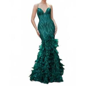 NEW ANDREA & LEO COUTURE glitter feather gown in emerald